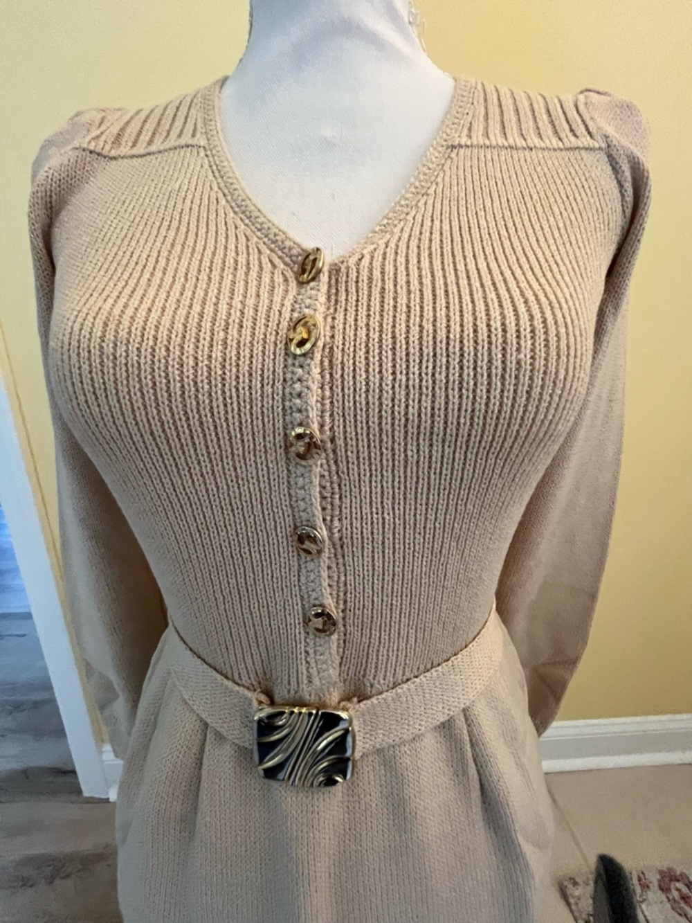 Vintage St. John Beige Long-Sleeve Santana Knit Dress with Decorative Belt